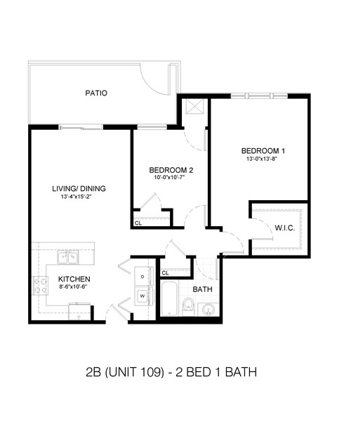 Floor plan for 2 beds, 1 bath, 1045 sqft